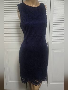 437 Jack by BB Dakota Women's Sz L Navy Lace Sleeveless Shift Sheath Dress